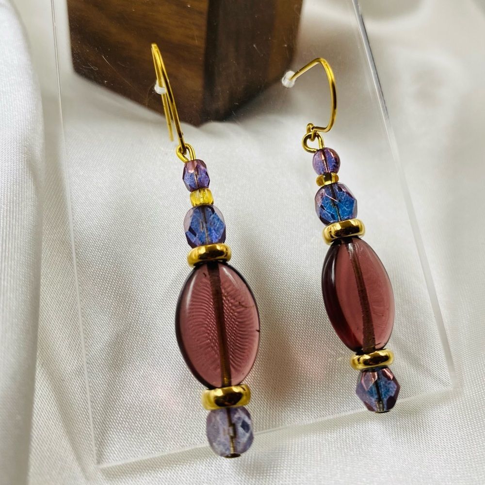 Gold and Purple Crystal Dangle Earrings